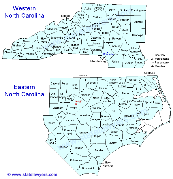 North Carolina County Outline Map.